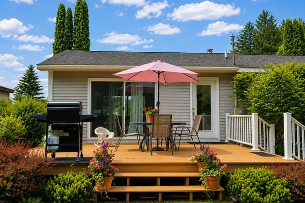 Front porch with green double doors, two chairs, and red flowering plants in landscaped garden